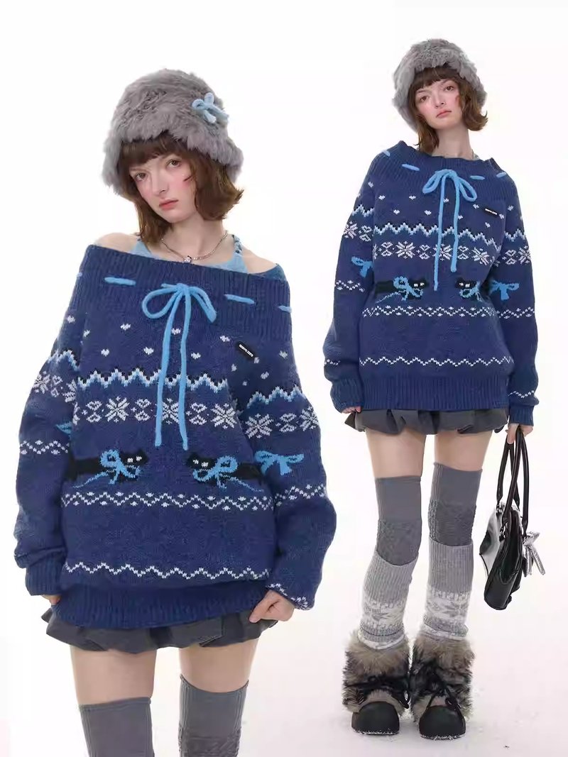 ziziFei秋冬季复古设计感蝴蝶结慵懒深蓝色费尔岛风半高领毛衣女 - 女装针织衫/毛衣 - 其他材质 蓝色