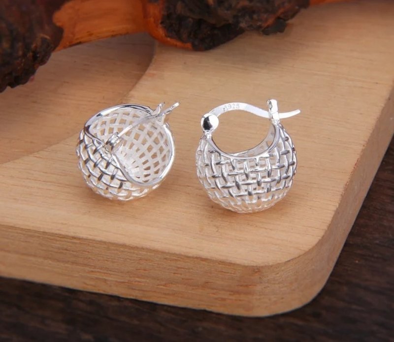 镂空编织篮子圆圈耳环女款 异国风情球形耳环 925纯银 - 耳环/耳夹 - 纯银 银色