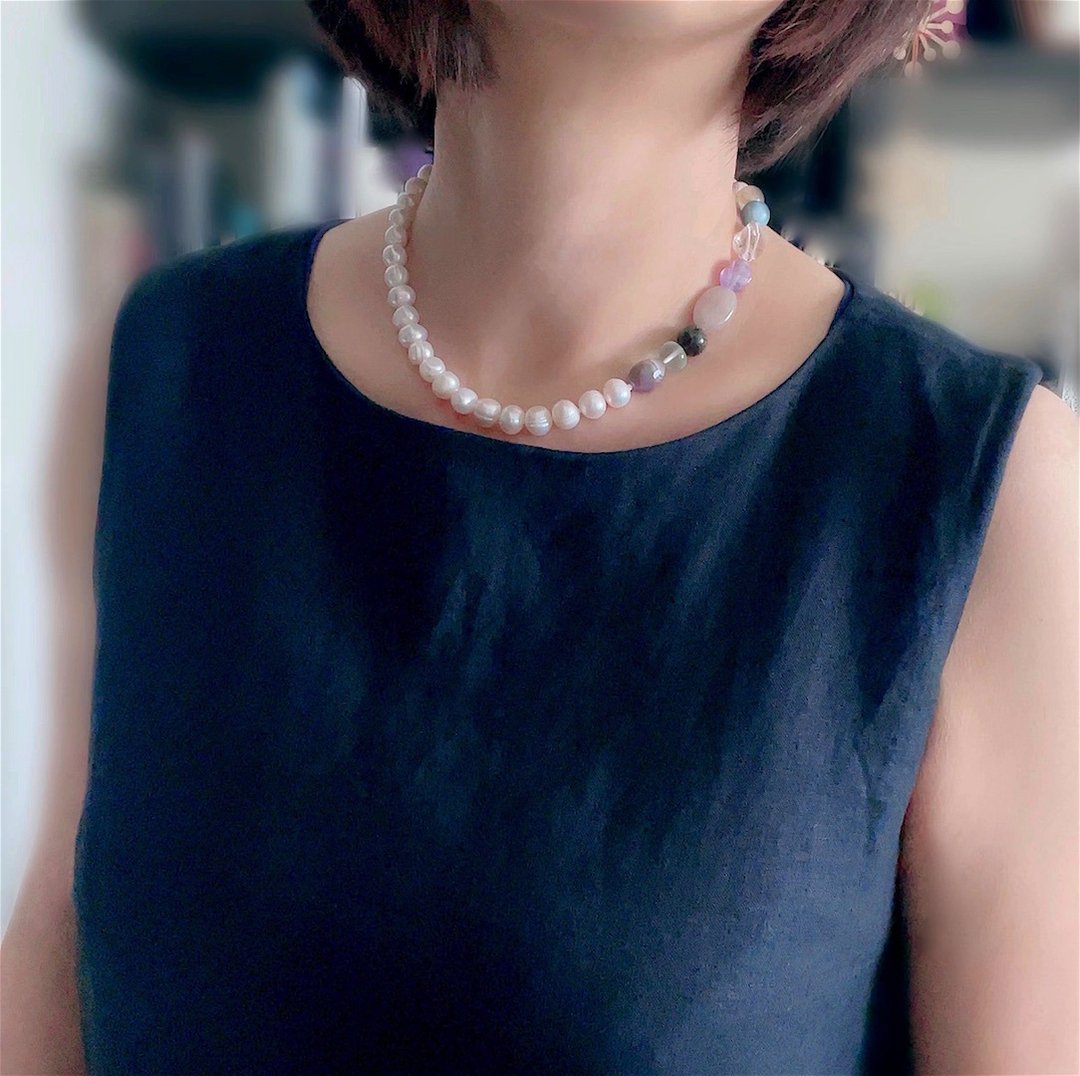 Mixed stone and circle pearl choker - 项链 - 珍珠 多色