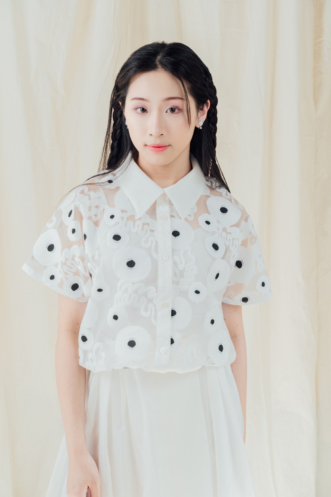 薄纱夏花刺绣连袖衬衫 轻婚纱 - 女装衬衫 - 聚酯纤维 白色