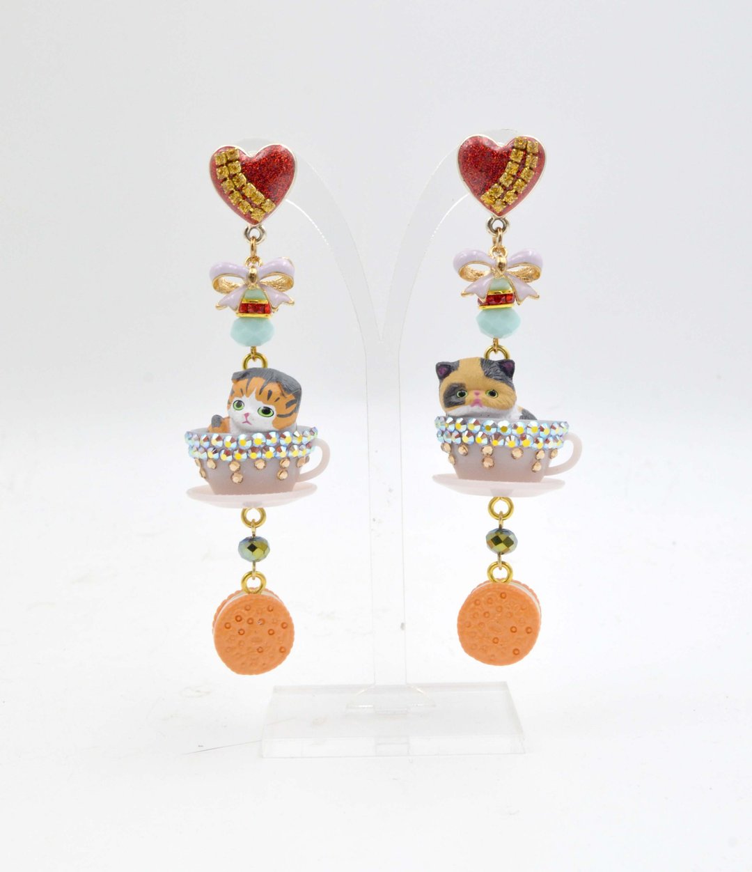 TIMBEE LO 猫咪茶杯缀水晶耳环  缀施华洛水晶 Cats Cup Earrings - 耳环/耳夹 - 其他材质 多色