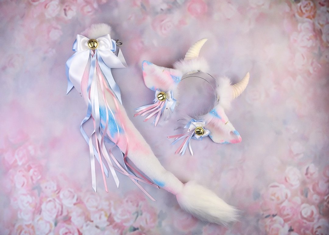 Cotton Candy Cow Ears and Tail Set - 发饰 - 其他人造纤维 蓝色