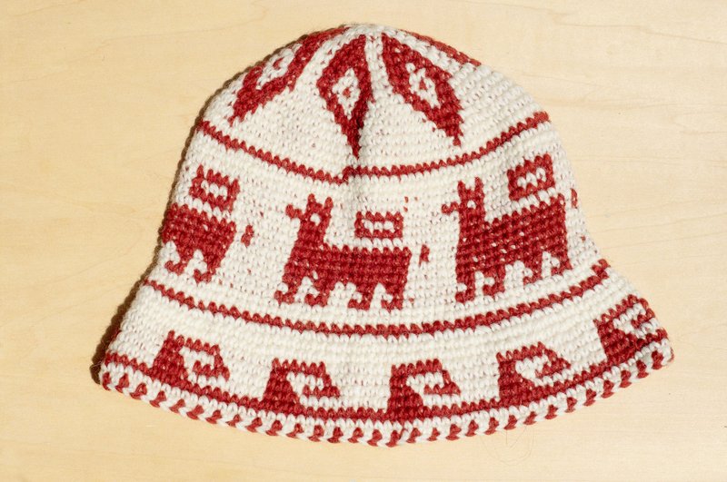 交换礼物 限量一件 手织纯羊毛帽 / 针织毛帽 / 手织毛帽 / 毛线帽  (made in nepal) - 南美羊驼民族图腾 - 帽子 - 羊毛 红色