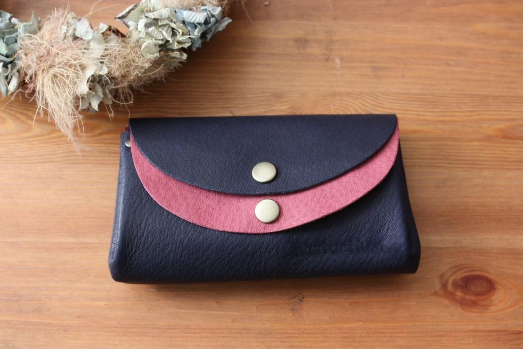 Small pigskin wallet navy x wine - 皮夹/钱包 - 真皮 蓝色
