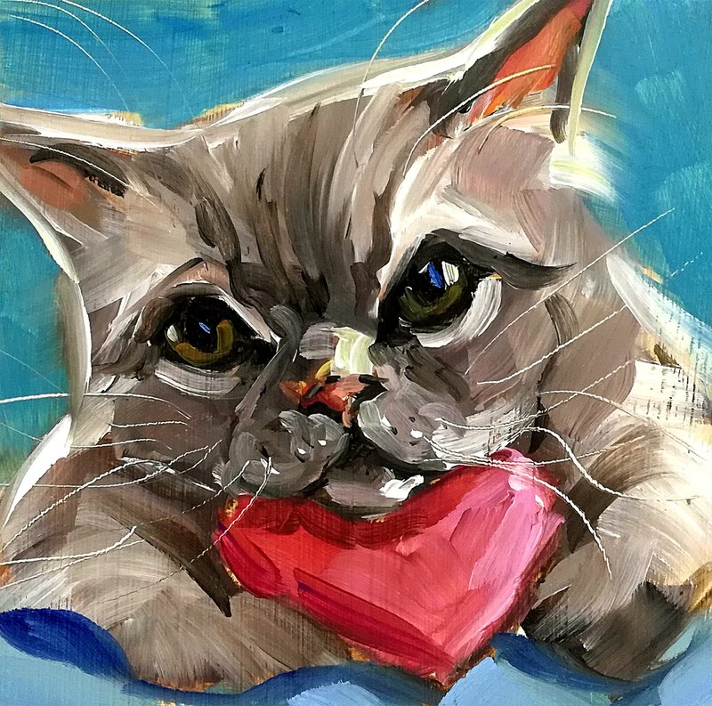 油画 可爱猫咪宠物 小幅艺术 4x4 寸 原创艺术品 家居装饰 - 海报/装饰画/版画 - 其他材质 多色