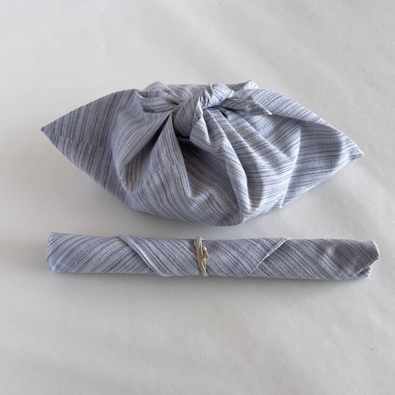 [独一无二] 午餐包套装，Azuma 包和筷子包，棉麻，和服布料，浅蓝色 - 便当盒/饭盒 - 棉．麻 蓝色