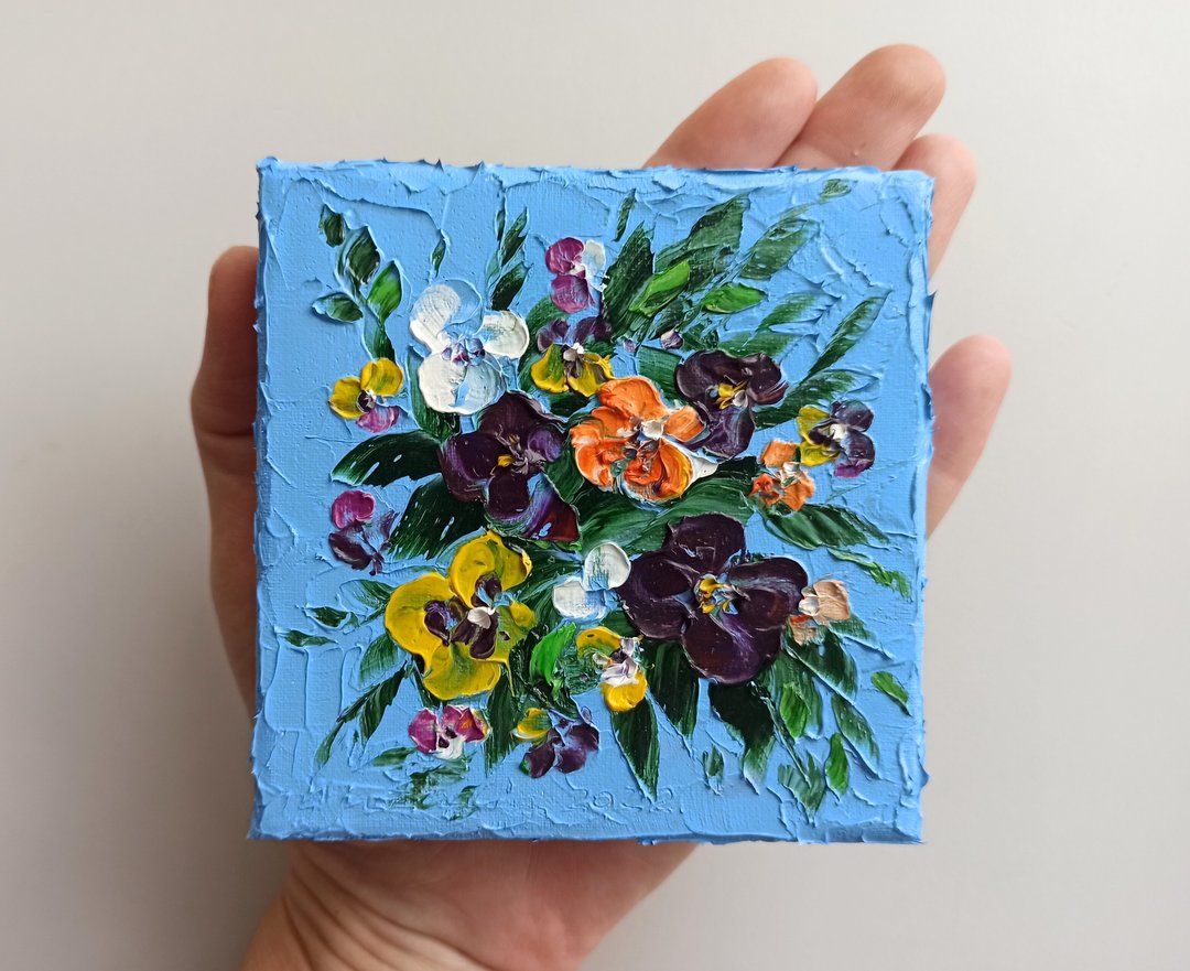 Pansy flowers mini oil painting impasto on canvas - unique gift - 墙贴/壁贴 - 棉 蓝色