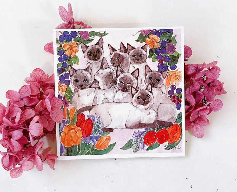 紫色果实与暹罗猫 猫咪甜蜜生活 水彩纸正方形 明信片 - 卡片/明信片 - 纸 