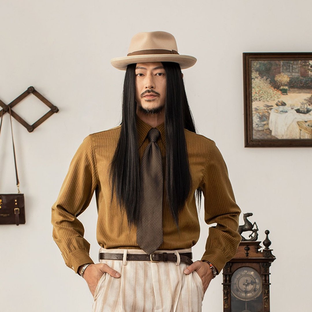 SOARIN英伦复古长尖领条纹衬衫(2437C341) - 男装衬衫 - 棉．麻 黄色