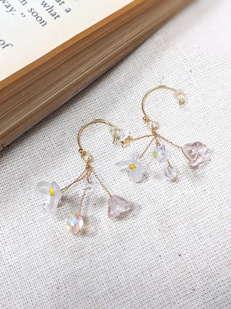 水晶小花枝耳环  可改夹式 - 耳环/耳夹 - 其他材质 粉红色