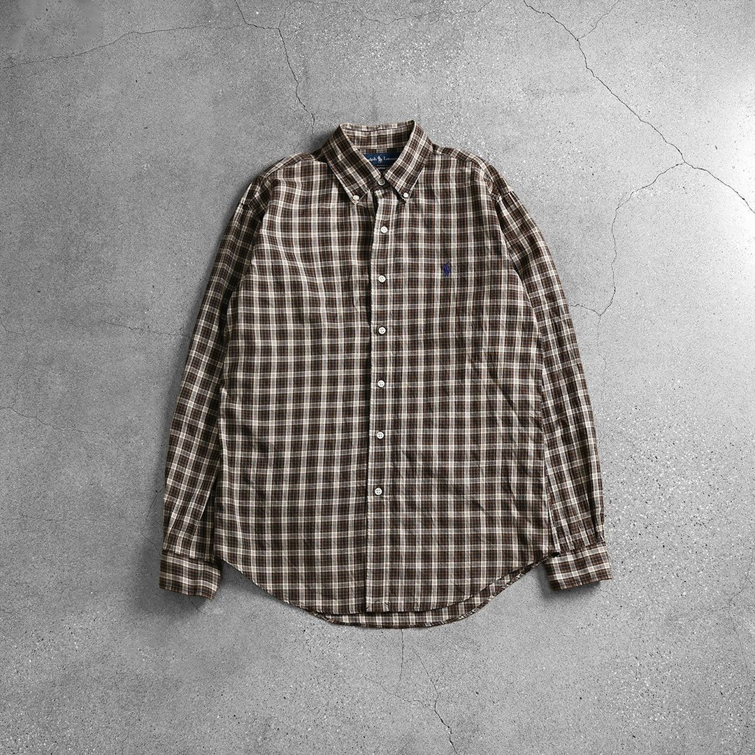 Vintage POLO 格纹衬衫 / 古着衬衫、复古衬衫、衬衫穿搭 - 男装衬衫 - 棉 咖啡色