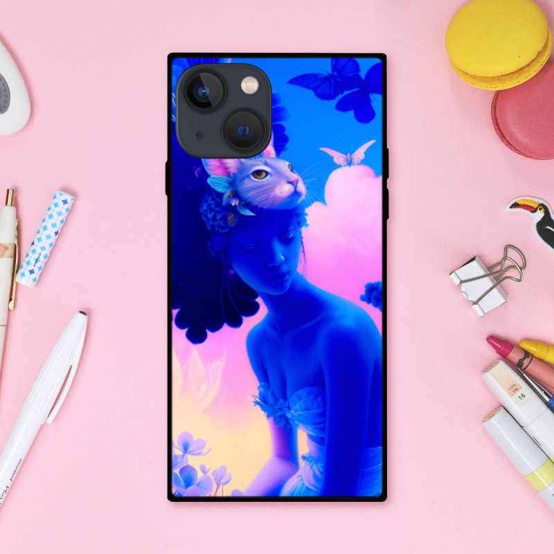 梦幻可爱猫面具女孩与花蝶 方形手机壳【强化玻璃处理】适用于 iPhone16 - 手机壳/手机套 - 塑料 多色