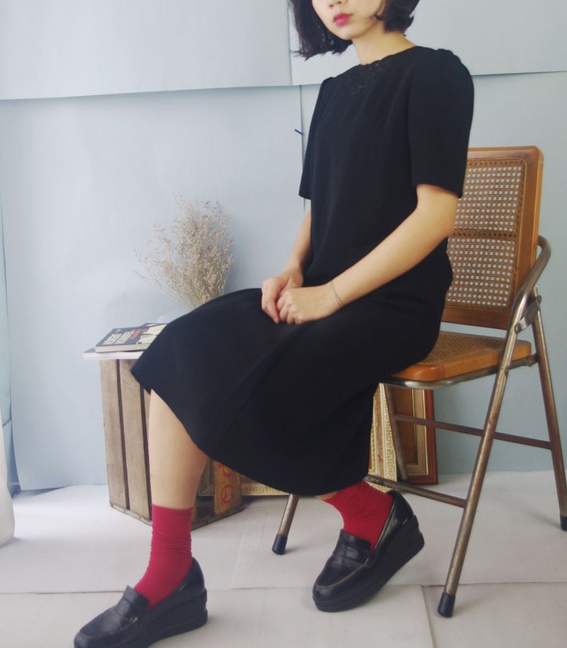 寻宝古着-日制优雅蕾丝复古黑洋装 - 洋装/连衣裙 - 聚酯纤维 黑色