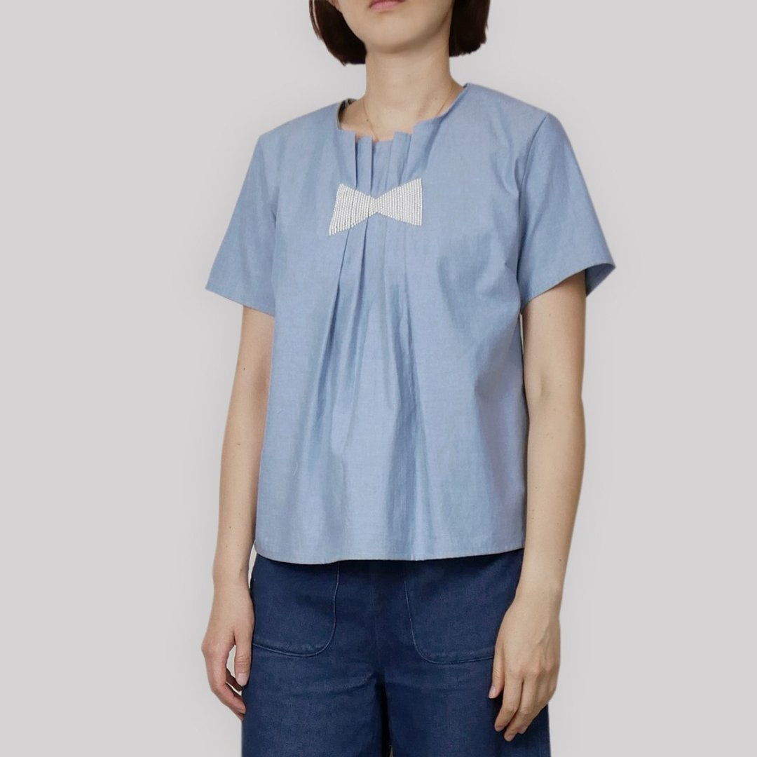 丹宁棉绣珠伞状上衣 - 女装衬衫 - 棉 蓝色