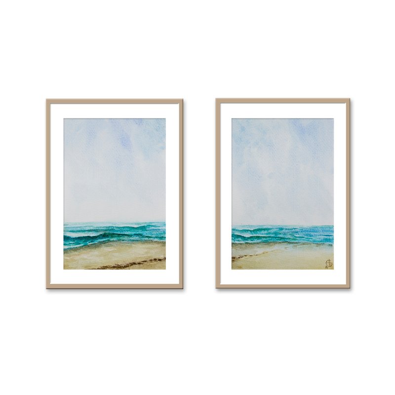 Seascape Painting 2 set Watercolor Original Art Beach Watercolor Hand-Painted - 海报/装饰画/版画 - 纸 蓝色