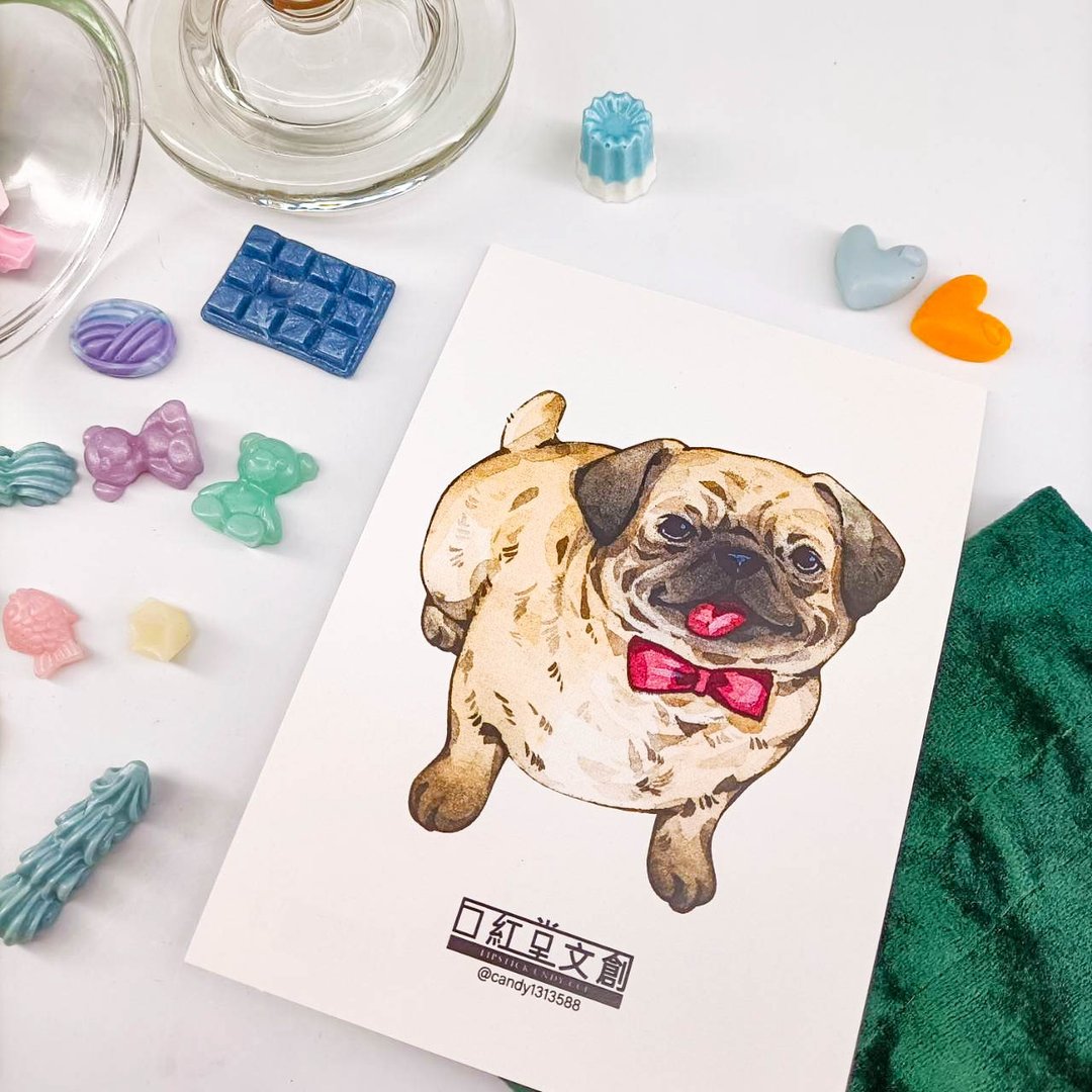 KR474_口紅堂明信片_巴哥犬3_candy1313588 postcard - 卡片/明信片 - 纸 多色