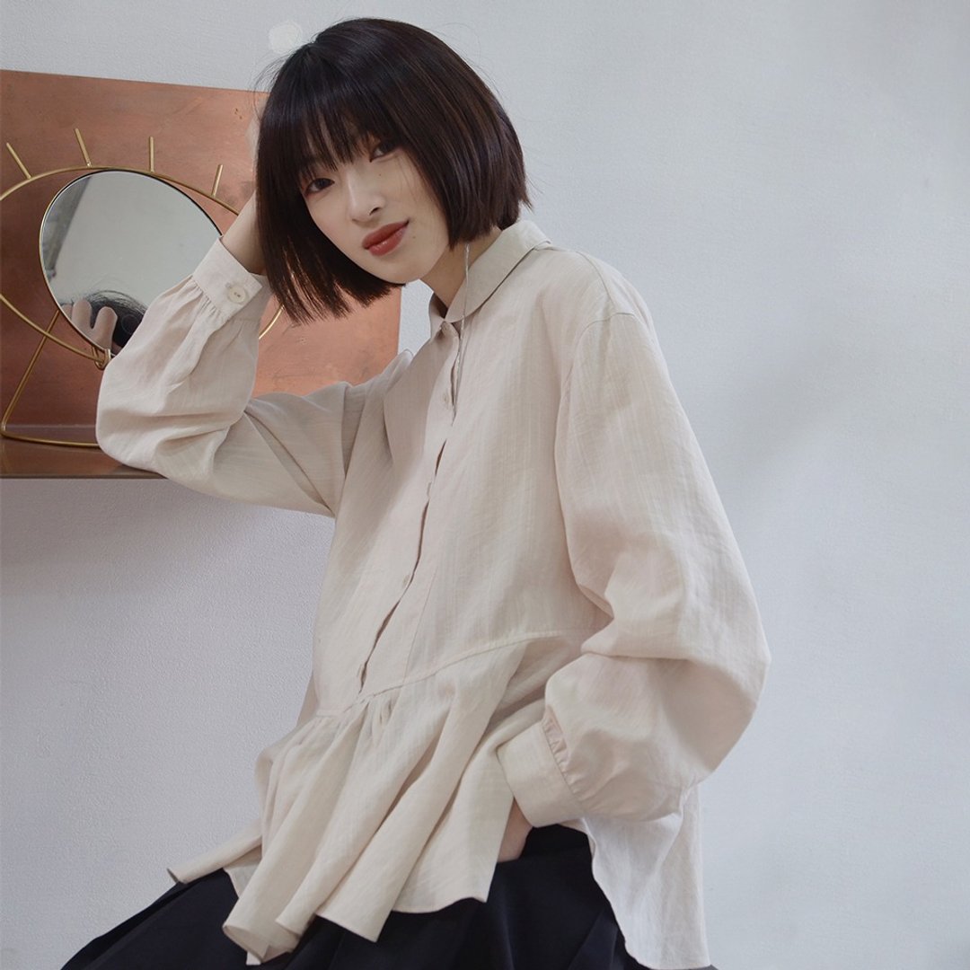 杏色小翻领娃娃衫|衬衫|春款|棉+聚酯纤维|Sora-265 - 女装衬衫 - 棉 
