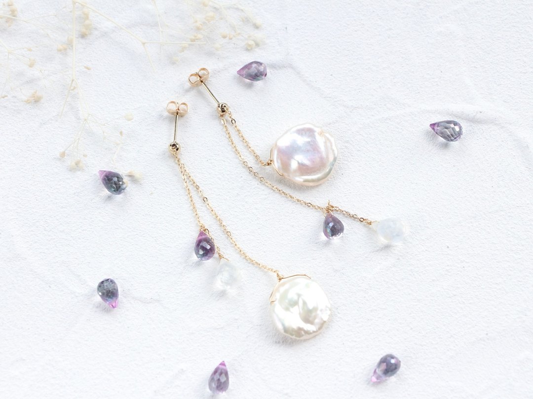 14kgf-rainy pearl pierced earrings / adjustable chain - 耳环/耳夹 - 贵金属 紫色