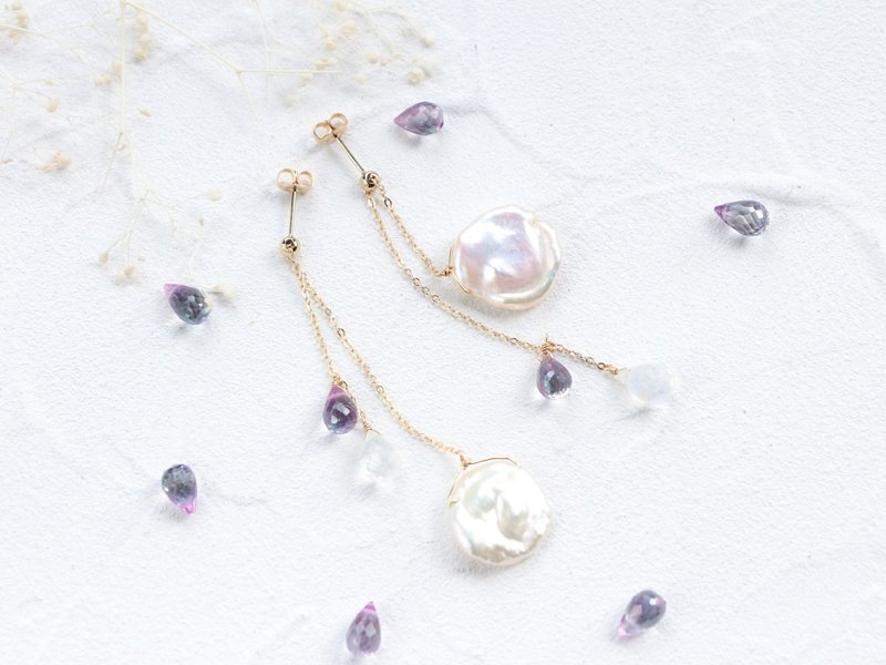 14kgf-rainy pearl pierced earrings / adjustable chain - 耳环/耳夹 - 贵金属 紫色