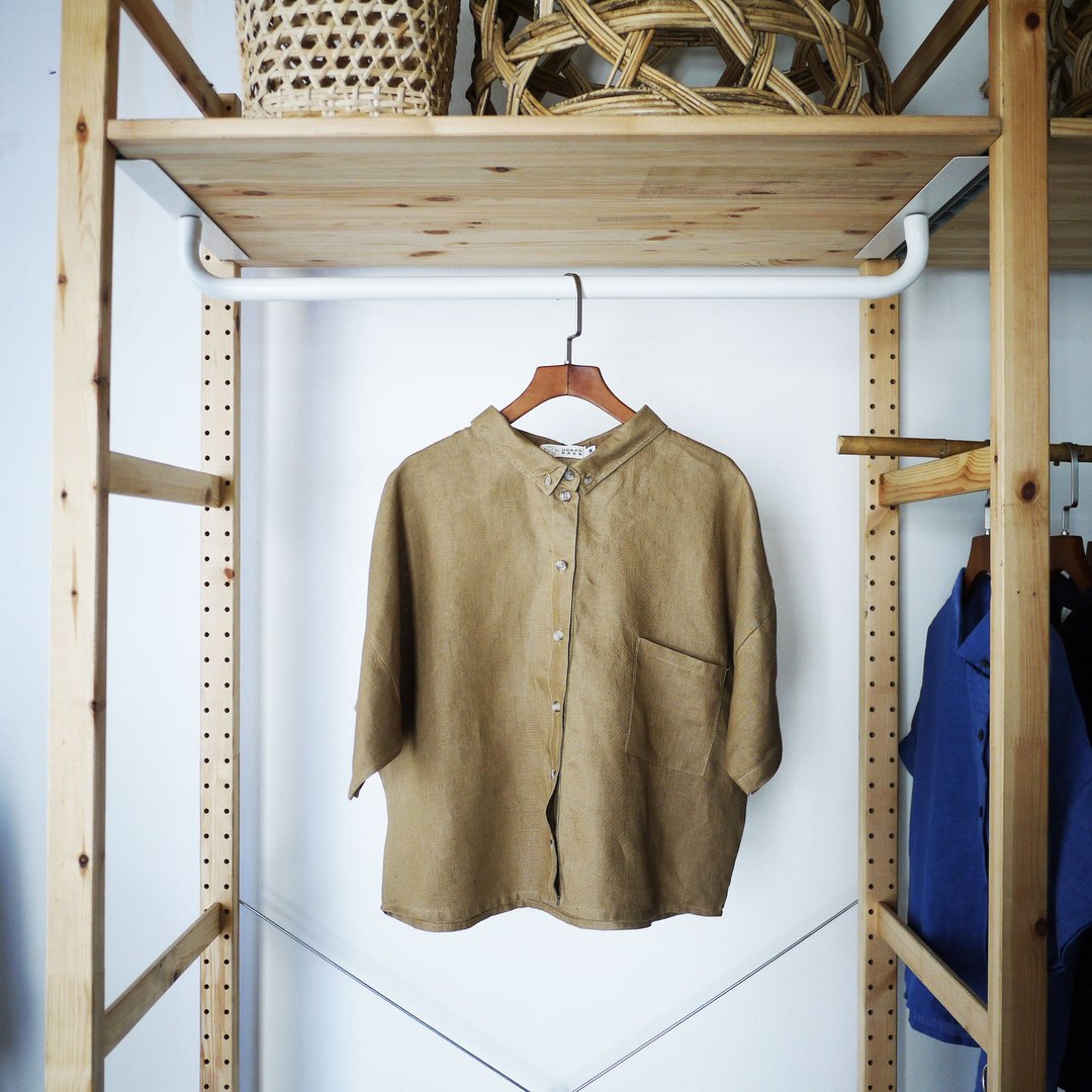 Short Sleeves Oversized Linen Shirt with Pocket - 女装衬衫 - 亚麻 咖啡色