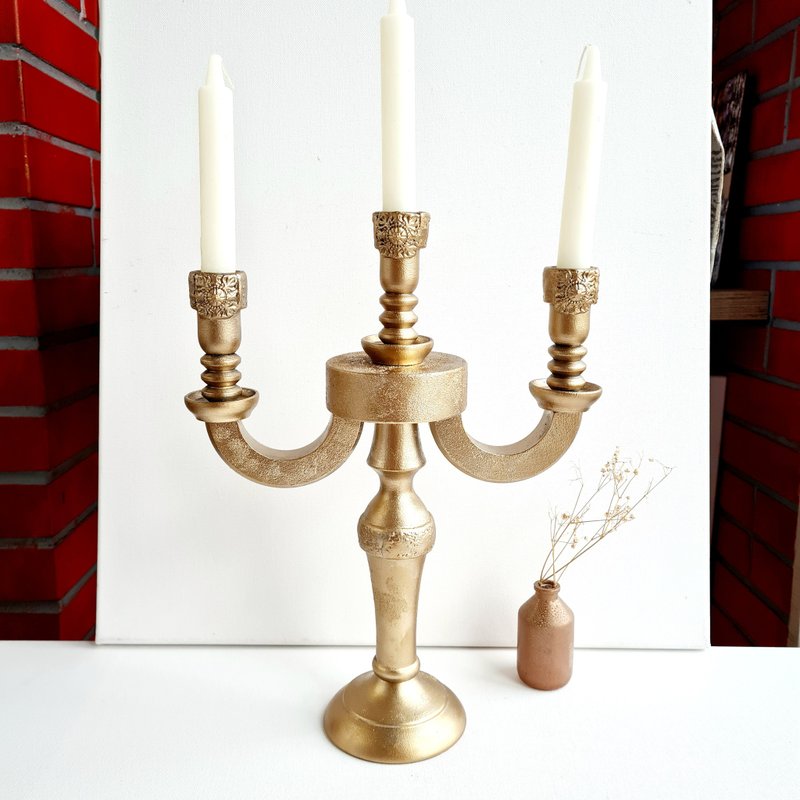Gold candelabra with slots for 3 candles Wood candle holder centerpiece Handmade - 蜡烛/烛台 - 木头 金色