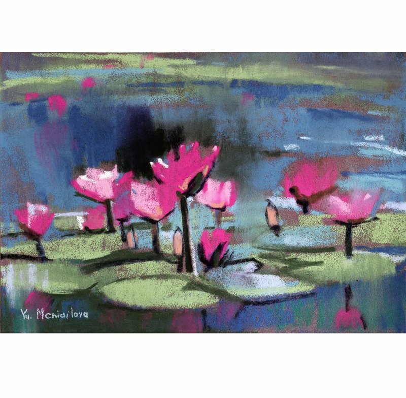 Lotus lilac original painting Water lily work Gift Flowers art Waterlilies art - 墙贴/壁贴 - 纸 多色