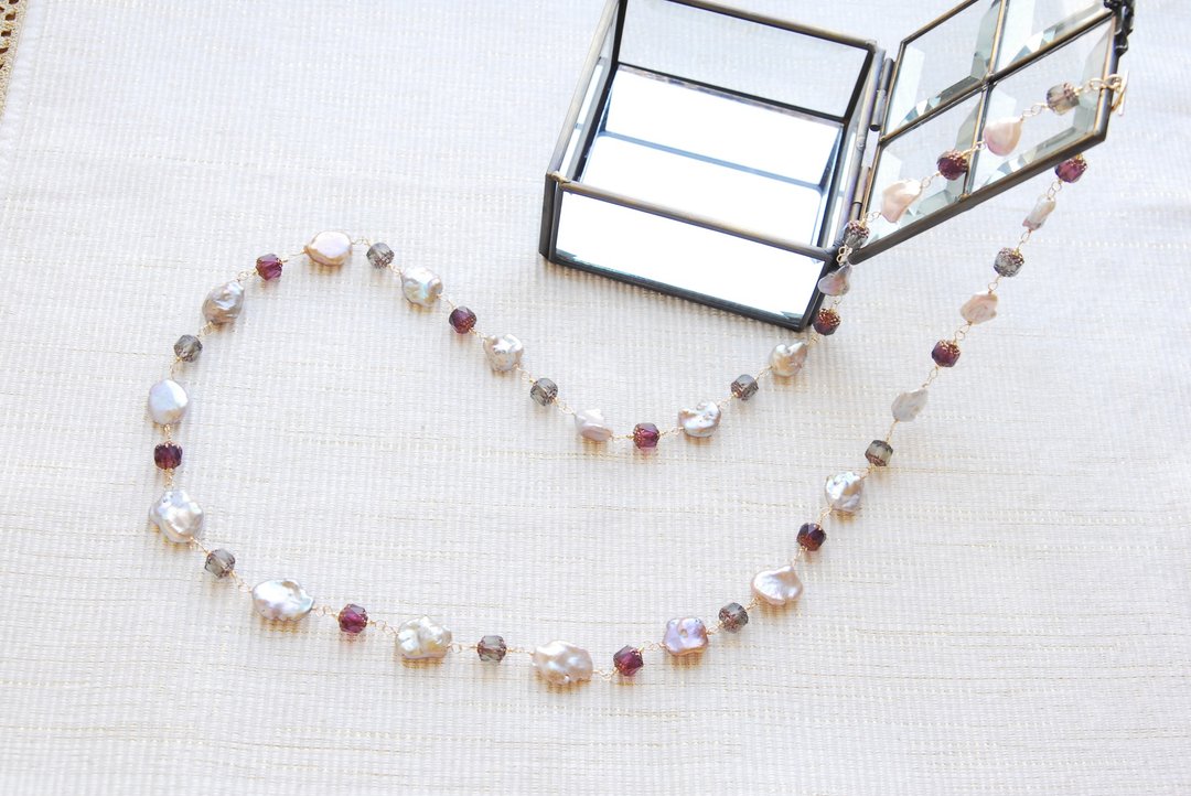Mauve color Keshipearl and Czech beads autumn color necklace 14kgf - 项链 - 珍珠 紫色