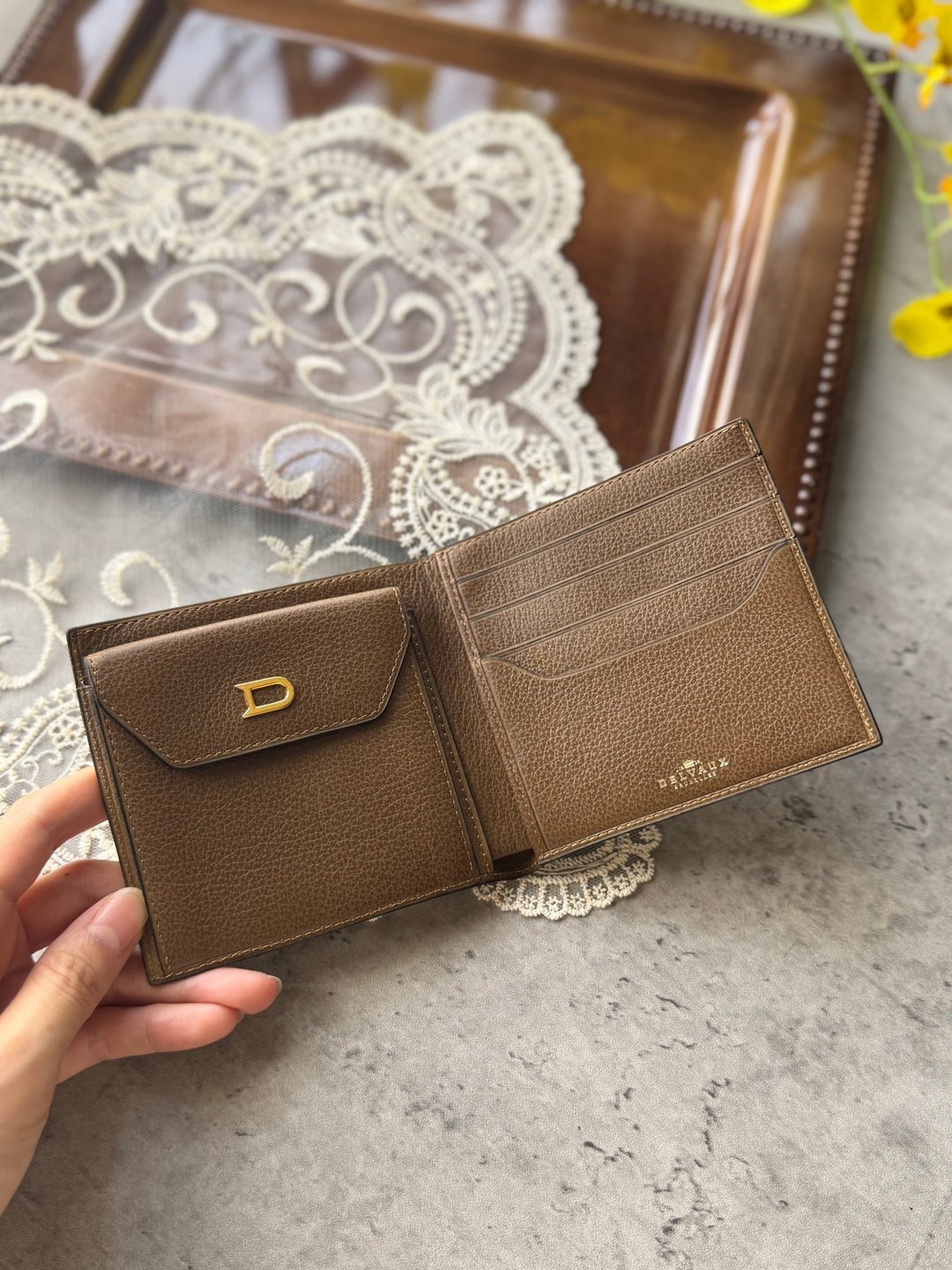 中古正品 Delvaux 中夹钱包 真皮牛革 男女适用 礼物 - 皮夹/钱包 - 真皮 卡其色