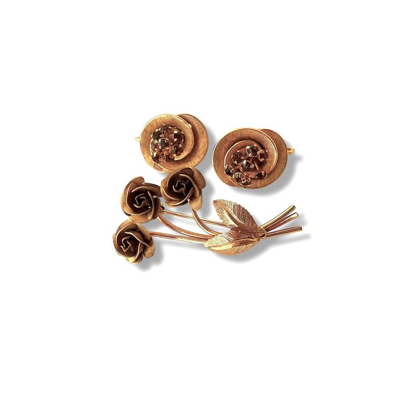 复古 1950-60年代 花朵 玫瑰花束 胸针与夹式耳环 紫色水晶 - 胸针 - 其他金属 金色