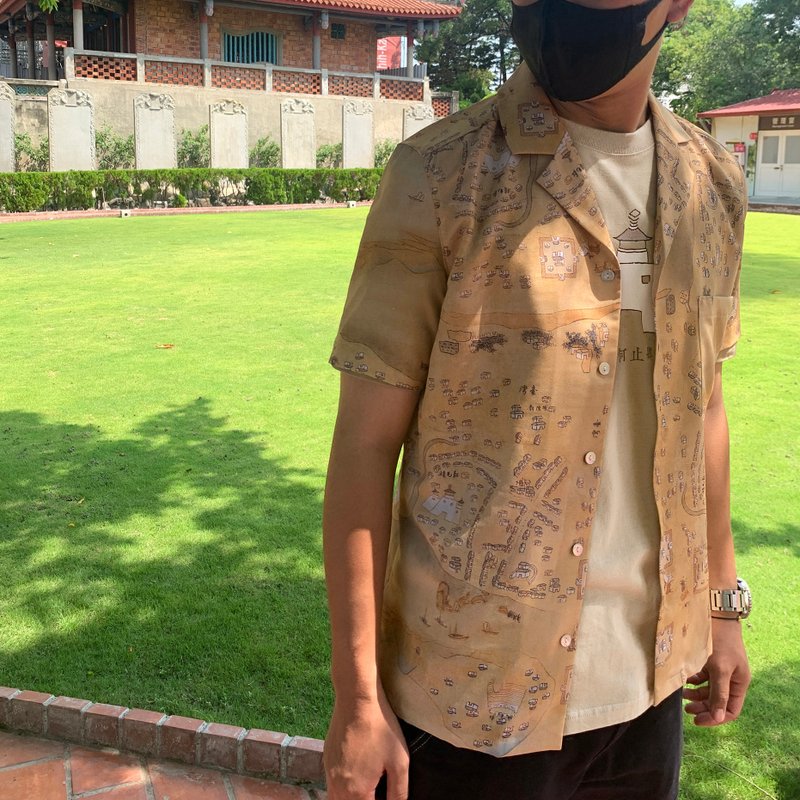台南四百年系列_古地图_印花衬衫 - 男装衬衫 - 棉．麻 卡其色