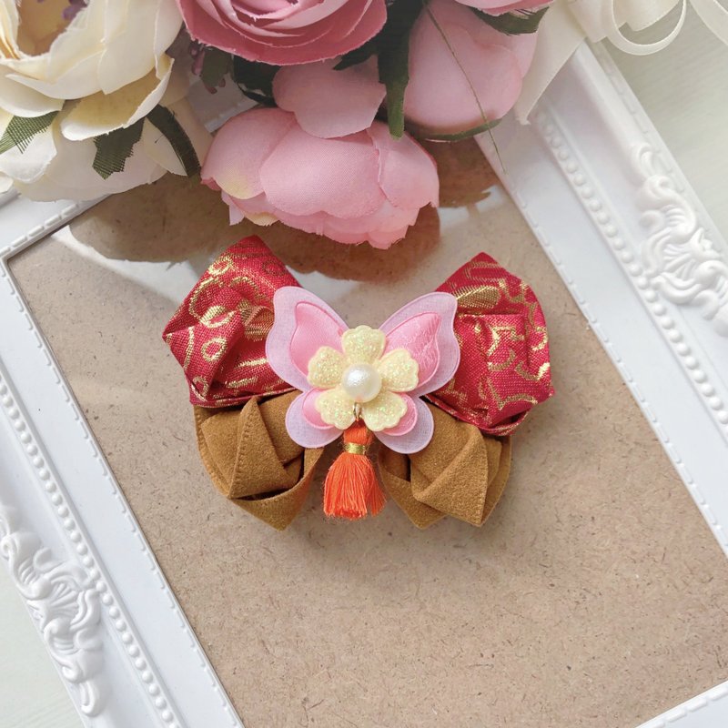 过年节庆刺绣缎面儿童小孩拼色发夹发饰-橘色流苏 - 发饰 - 其他材质 红色