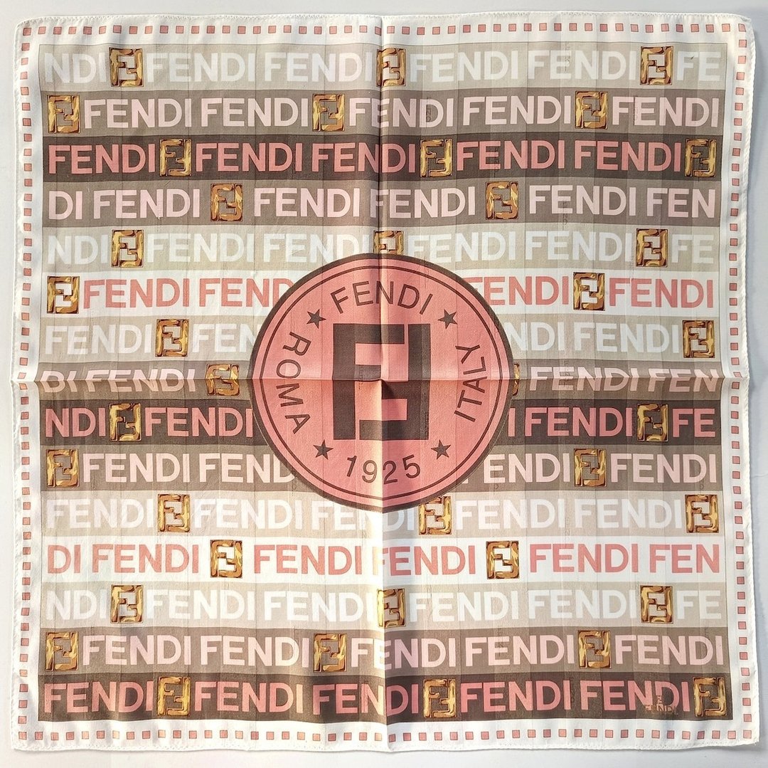 复古 Fendi 字母标志丝巾，缀以 Roma 1925 字样 – 棕色 23 x 22.5 英寸 - 丝巾 - 棉 粉红色