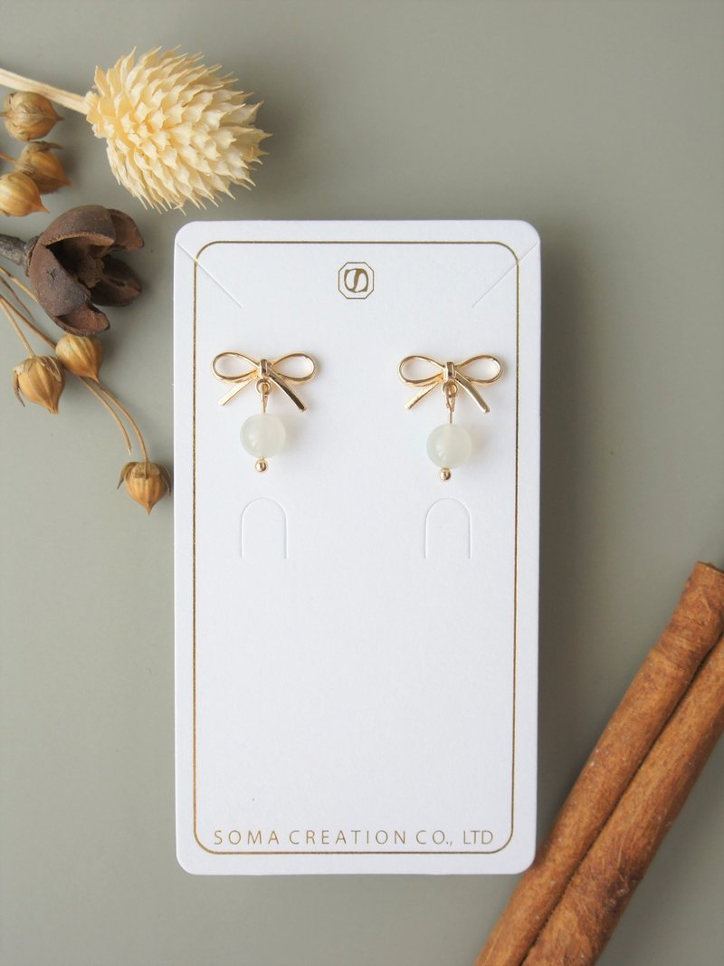 白日梦少女 Moonstone 月光石 14k包金耳针 | 蝴蝶结 | 耳环 - 耳环/耳夹 - 宝石 白色