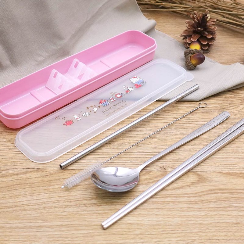 Hello kitty 质感随身餐具5件组-苹果款 两款任选 - 筷子/筷架 - 不锈钢 粉红色