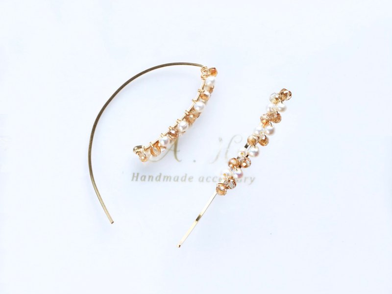 14kgf-orange topaz and pearl  marquis pierced earrings - 耳环/耳夹 - 宝石 橘色