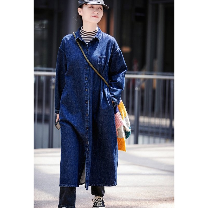 汉麻棉深靛蓝色翻领开襟中长款衬衫风衣 - 女装衬衫 - 棉．麻 