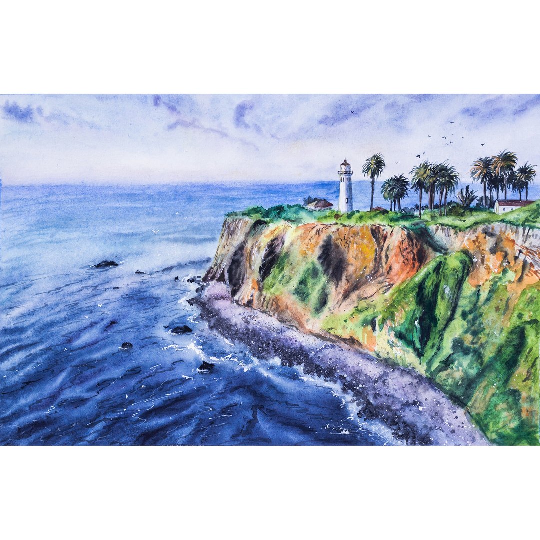 Lighthouse Landscape Painting Original Watercolor Seascape Interior Wall Art - 海报/装饰画/版画 - 纸 多色