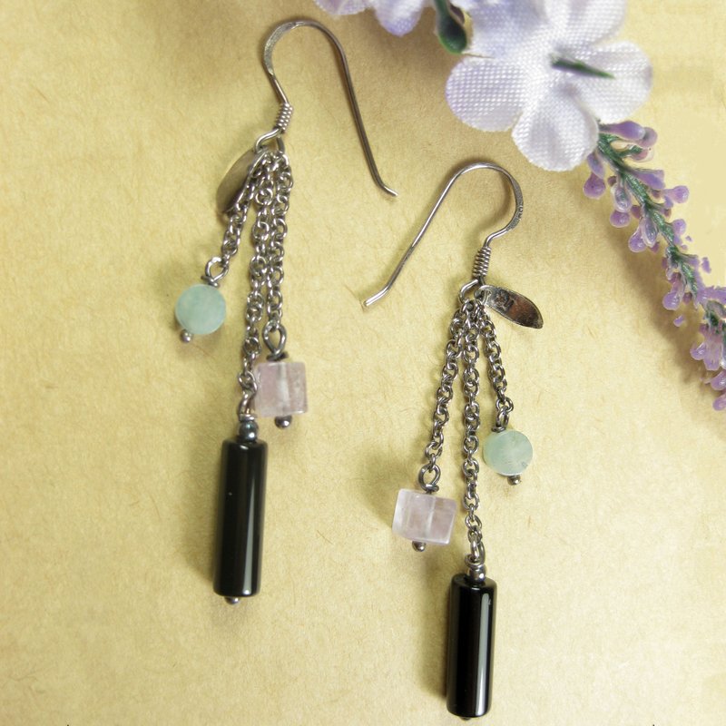 纯银设计耳环 黑玛瑙+紫水晶+天河石(耳勾) - 耳环/耳夹 - 水晶 多色