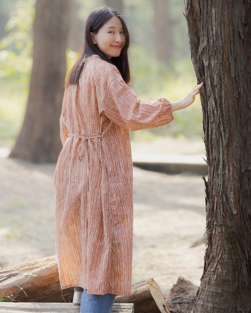 印度盖染工艺纯棉 长袖长版洋装/罩衫 －晚霞红 - 女装上衣 - 棉．麻 红色