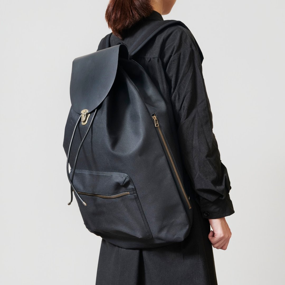 【picnic bag L black】后背包/帆布/皮革/旅行袋/大容量/耐用/A4 - 后背包/双肩包 - 棉 黑色