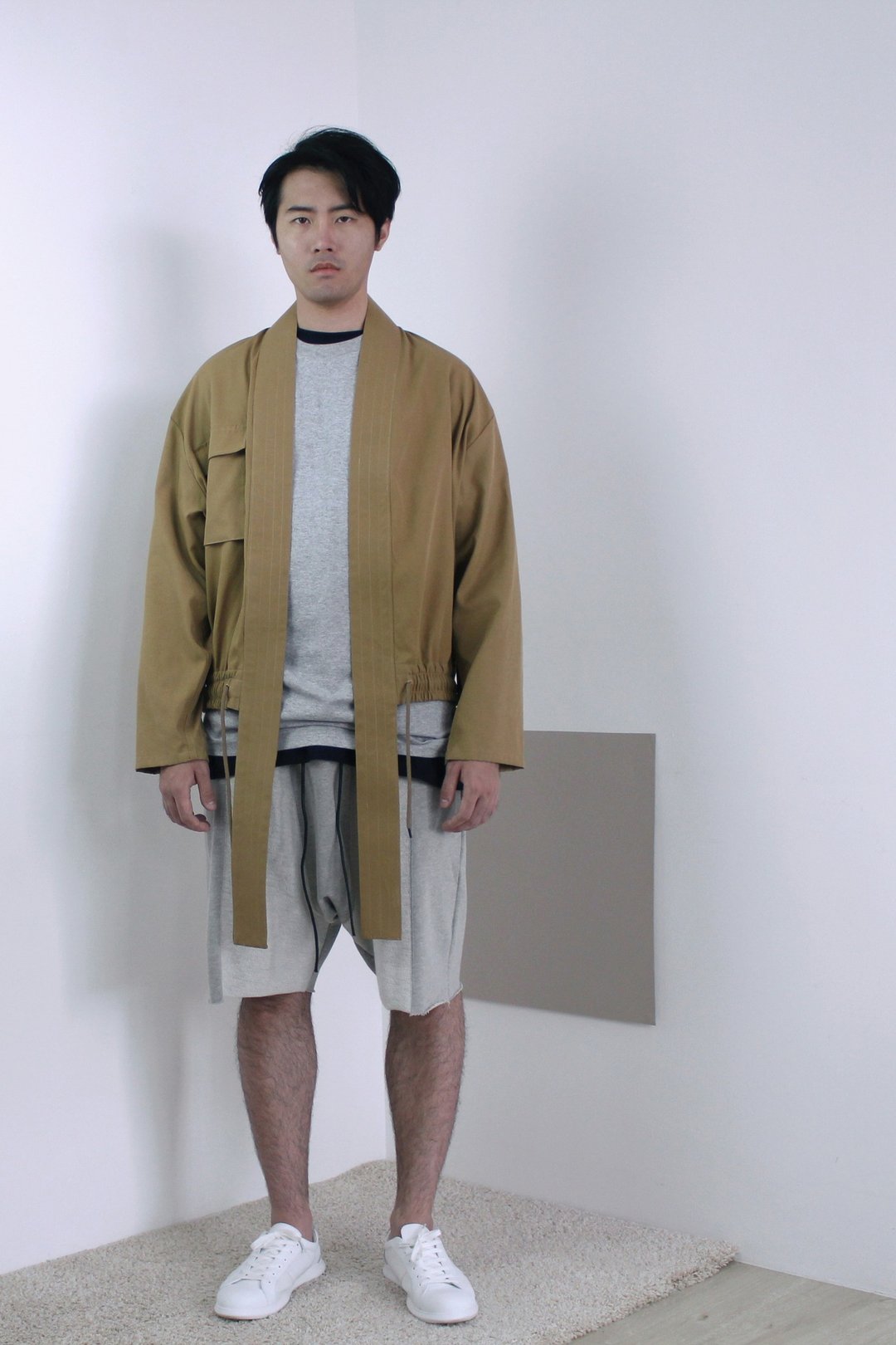 Kimono Bomber 和服短夹克－芥末黄 - 男装外套 - 棉 卡其色