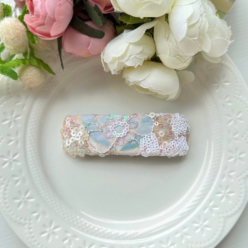 长方型棉布网纱串珠亮片蝴蝶结弹夹-浅粉蓝色 - 发饰 - 其他材质 粉红色