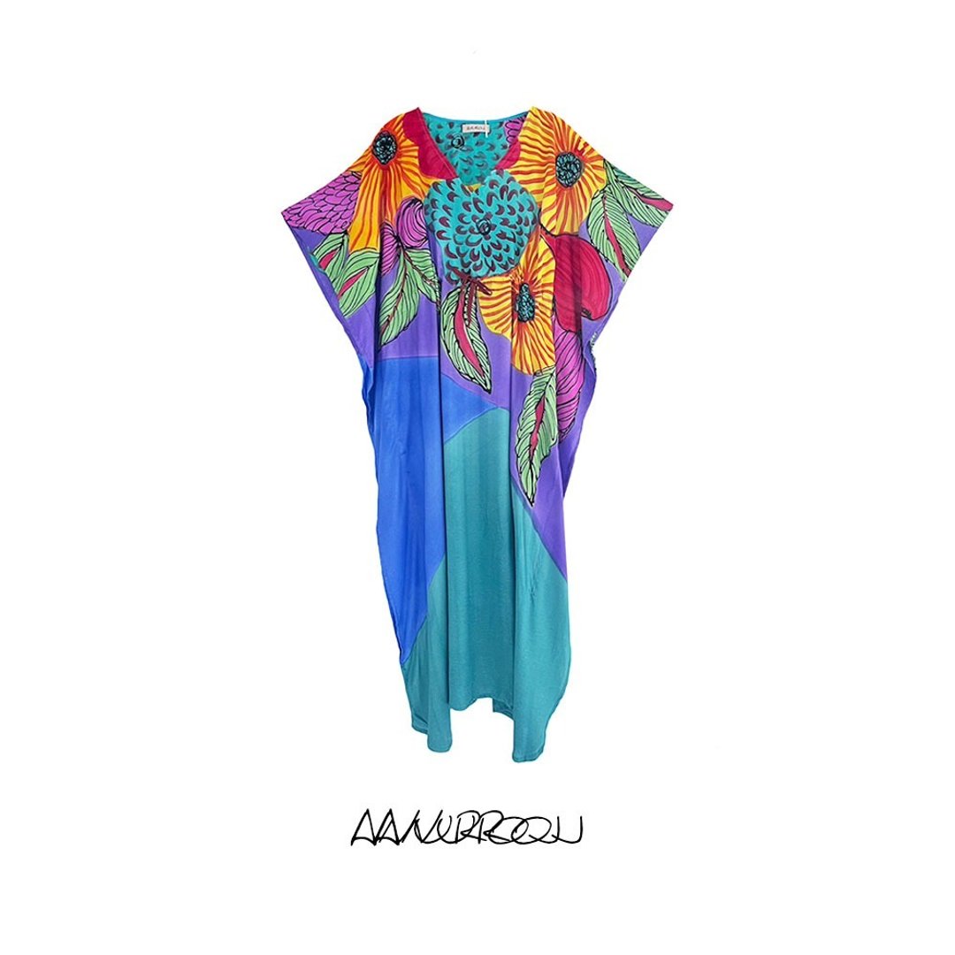 Hand Painted Cotton Silk Kaftan for Summer Resort Vacation F - 洋装/连衣裙 - 棉 蓝色