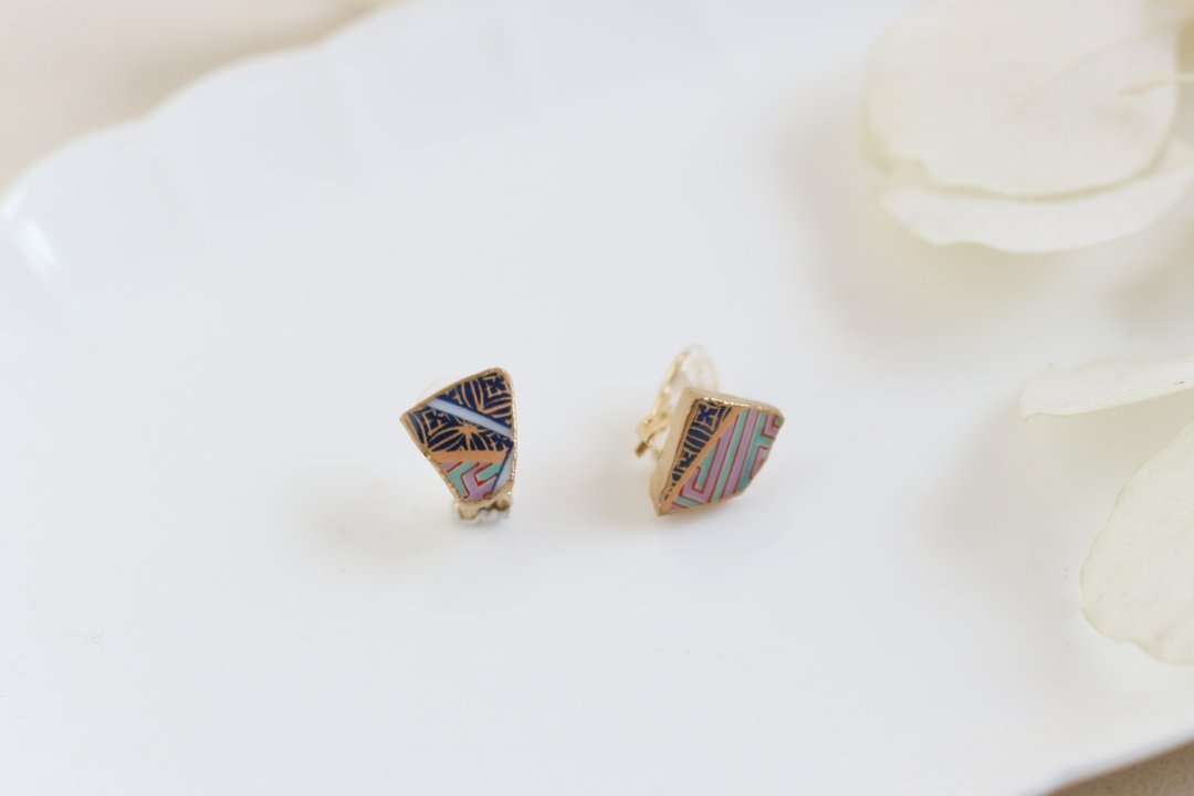 有田烧 金继 蝶式弹簧夹 耳环 附硅胶垫 传统工艺 复古 a24 - 耳环/耳夹 - 陶 蓝色