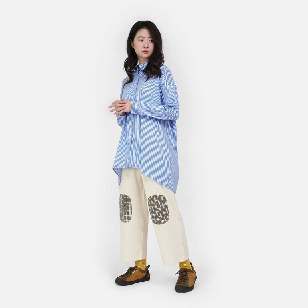 时光流转细条纹长版剪裁衬衫 - 女装衬衫 - 其他材质 蓝色