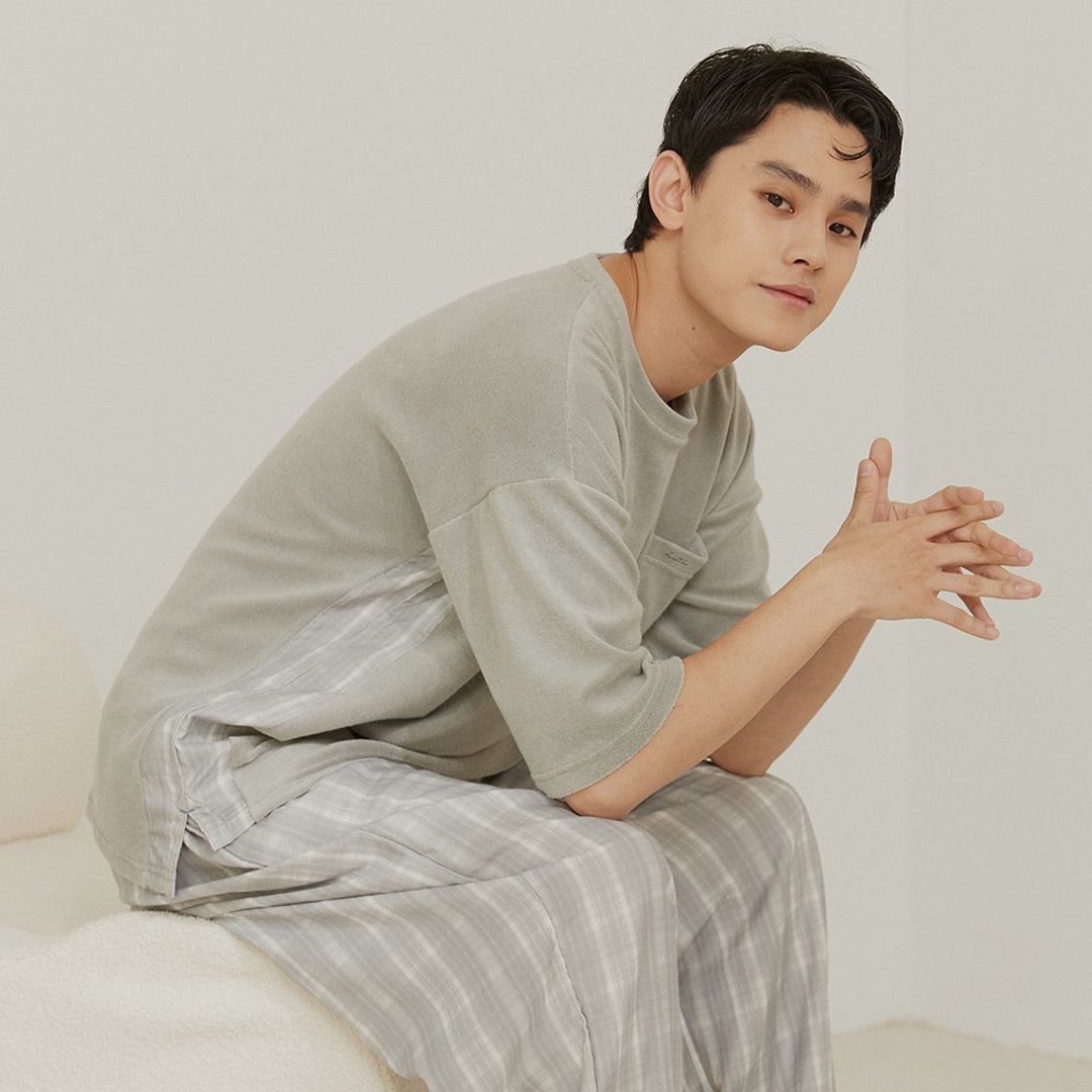 毛巾布落肩短袖居家服套装-高雅灰/胶原蛋白 - 居家服/睡衣 - 棉 灰色