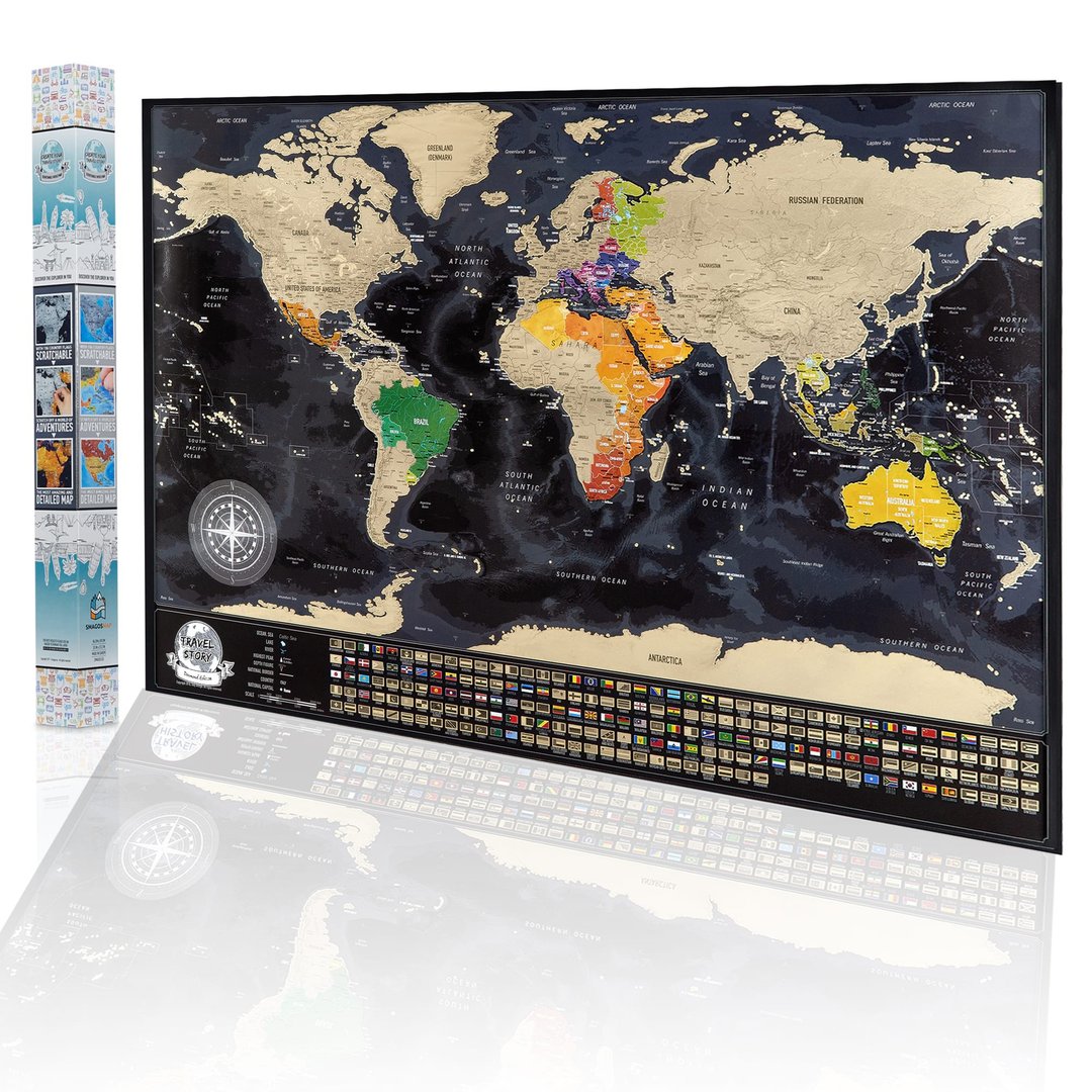 个性化划痕旅行地图 - 划痕世界地图 - 最佳生日礼物 - 带旗帜的 - 墙贴/壁贴 - 纸 多色