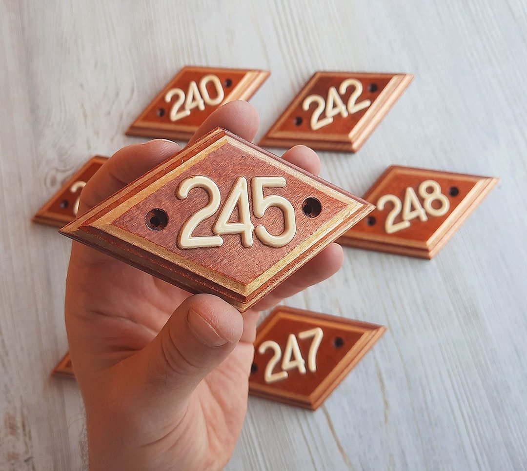 Wooden door number plate 245 - vintage address rhomb number sign - 门帘/门牌 - 木头 咖啡色