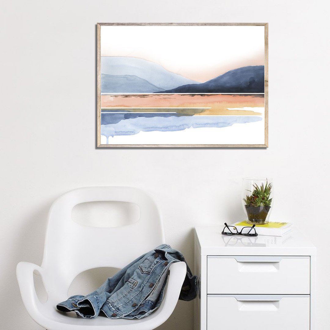Mountain Lake Art Print Sunrise Lake Watercolor Painting Indigo Blue Abstract - 海报/装饰画/版画 - 纸 蓝色