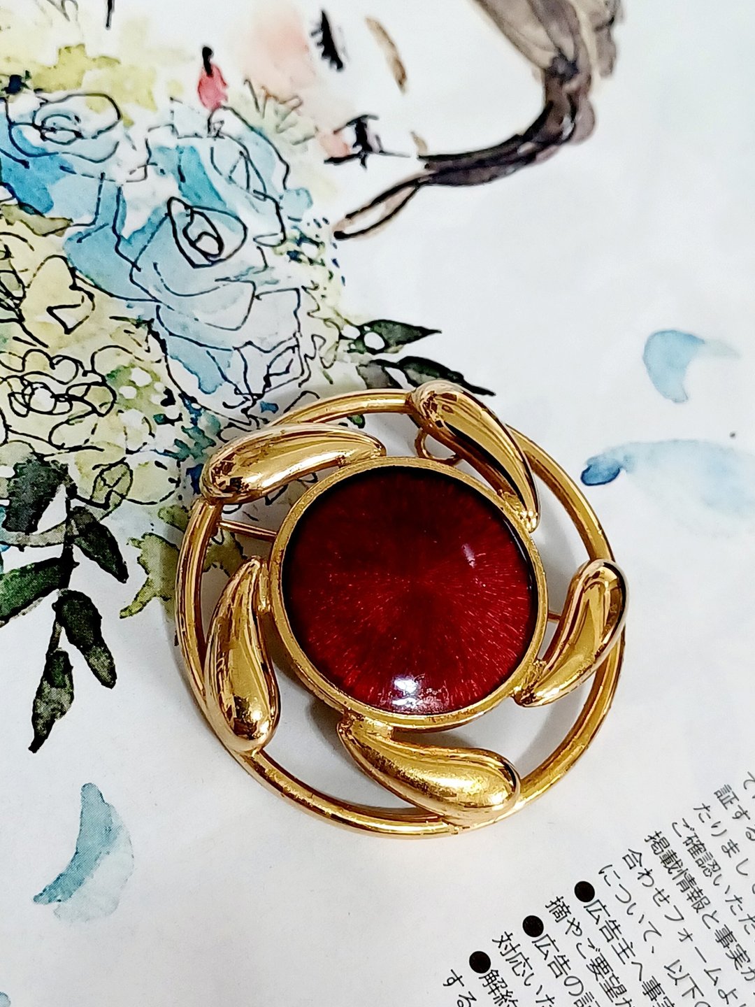 vintage jewelry  金色调浓郁红珐琅圆形 别针 胸针 - 胸针 - 其他金属 